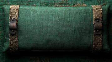A green pouch with straps rests on worn wood, inviting curiosity and exploration photo