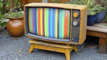 An old, yellow television displaying vibrant static surrounded by lush plants in a serene garden photo