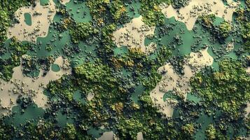 A vibrant forest canopy displays intricate patterns of greenery under bright midday sun photo