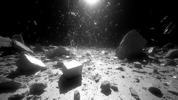 Dust and debris dance in the light above a textured rocky ground, creating an ethereal atmosphere photo