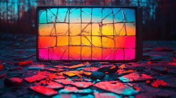 Shattered glass pieces scatter around, mirroring brilliant hues of sunset in a stark environment photo