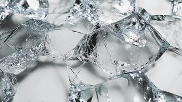 Glints of light reflect off countless broken ice shards scattered artistically on a surface photo