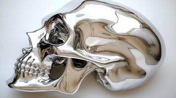 This striking sculpture showcases a shiny metallic skull that plays with light and shadows photo