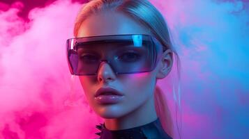 The model sports bold sunglasses and a fierce look in colorful fog, radiating modernity photo