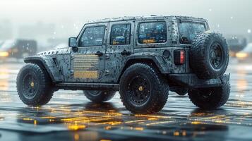 A rugged armored vehicle is alone on a glowing surface with flickering city lights behind it photo