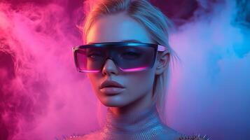 A striking figure in colorful smoke sports bold eyewear and a stylish, edgy outfit photo