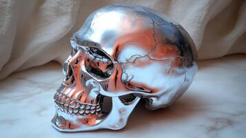A shiny silver skull sits elegantly, reflecting its surroundings with intricate details and allure photo