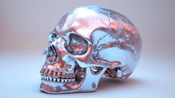 This striking metallic skull displays intricate patterns and reflections under soft lighting photo