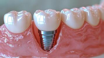 un dental implante es de forma segura posicionado en un goma modelo, exhibiendo moderno oral cirugía tecnicas foto