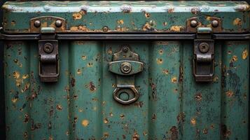 The vintage trunk has a weathered look, full of history and ready to share its tale photo
