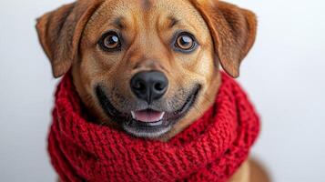 A joyful dog with a warm expression is wrapped in a red scarf, radiating happiness photo