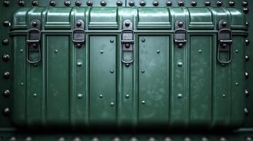 The sturdy trunk stands against a textured backdrop, showcasing its vintage charm and craftsmanship photo