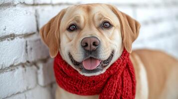 A happy golden retriever showcases its joyful expression while wearing a cozy red scarf photo