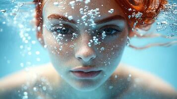 The enchanting moment of a young woman submerged, her hair flowing and bubbles dancing around her photo