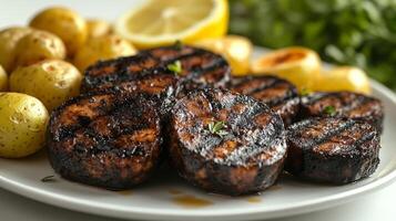 Deliciously grilled fish steaks accompanied by golden roasted potatoes and zesty lemon slices photo