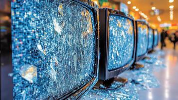 Broken screens create a disorienting view amidst the lively atmosphere of shoppers photo