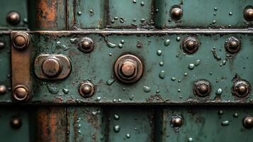 Water droplets shimmer on a weathered green metal gate, capturing the essence of a rainy morning photo