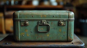 A weathered green suitcase sits prominently on a rustic wooden surface, evoking memories of travel photo