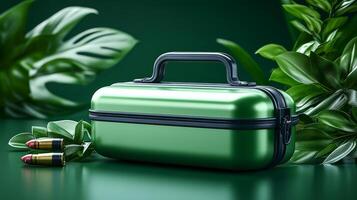 A chic green storage container rests among lush leaves, paired with two elegant lipsticks photo
