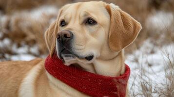 A lovely labrador sits calmly, adorned with a bright scarf, enjoying the winter chill photo