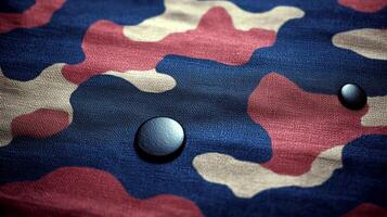 Textures of colorful camouflage fabric enhanced by shiny black buttons catch the light beautifully photo