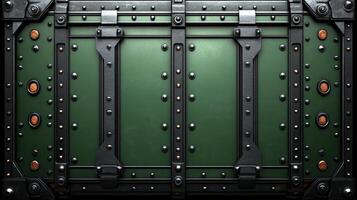 A solid green metal door with decorative rivets showcases industrial elegance and rugged design photo