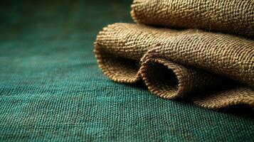 Soft burlap rolls gracefully, showcasing its rustic texture against a vibrant green photo