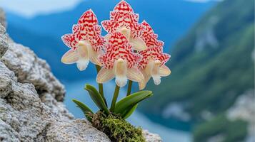 Orchids with intricate patterns bloom on rocks by a tranquil lake, showcasing nature's beauty photo
