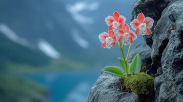 Vibrant orchids emerge from rugged stones overlooking a breathtaking mountain lake photo