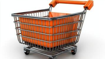 This shopping cart, gleaming with metal and orange, awaits your next market adventure photo