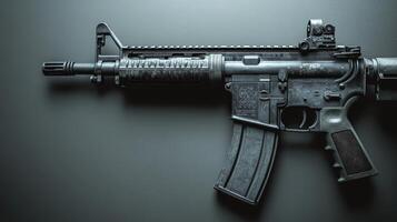 A sleek black tactical rifle lies elegantly on a dark table, embodying strength and precision photo