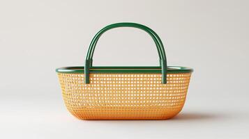 This woven basket features a vibrant orange hue with contrasting green handles, perfect for storage photo