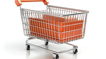 A vibrant shopping cart showcases orange containers, inviting shoppers to explore fresh finds photo