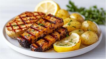 Tender grilled salmon fillets paired with herbs and lemon slices, complemented by baby potatoes photo