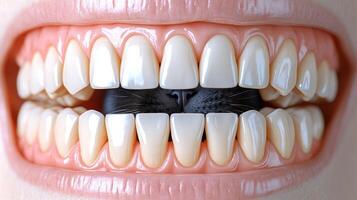 A whimsical sight with a cat peeking through gleaming white teeth, creating a funny surprise photo
