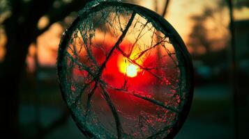 A cracked dreamcatcher captures the fading light of sunset, creating a mystic atmosphere photo