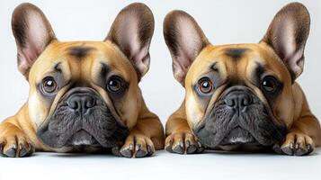 These charming bulldogs lie side by side, displaying their playful demeanor and expressive eyes photo