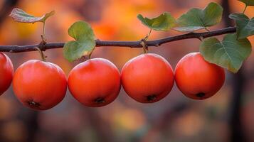 Luscious orange persimmons dangle from a branch, surrounded by a beautiful autumn backdrop photo