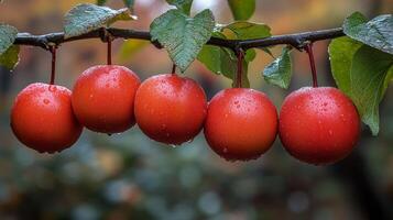 Dewy red apples dangle from a branch in an orchard, showcasing autumn's beauty and bounty photo