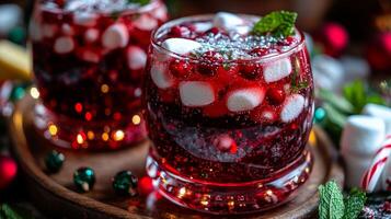 A vibrant holiday drink filled with red berries and marshmallows, beautifully garnished with mint photo