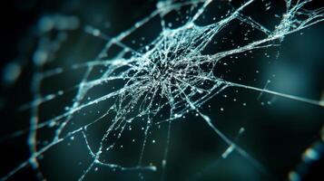 A delicate spider web glistens with raindrops, showcasing nature's artistry at dawn photo
