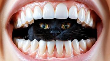 A curious black cat peeks through large human teeth, creating a whimsical and humorous encounter photo