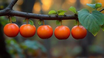 Five vibrant orange persimmons dangle from a branch against a warm, blurred backdrop photo