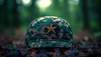 An army cap rests on the forest floor, partly covered by leaves and warmed by sunlight photo