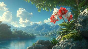 Vibrant orchids bloom near a tranquil lake reflecting a pristine blue sky and majestic mountains photo