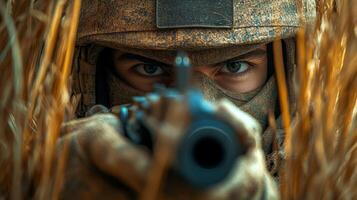 A soldier focuses intently with a rifle, hidden among tall grass at sunrise, ready for action photo