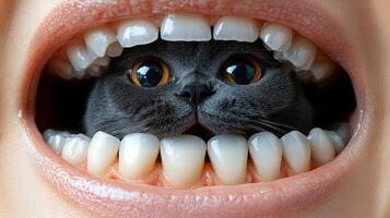 A curious cat's face emerges from a smiling mouth, creating a playful and surreal moment photo
