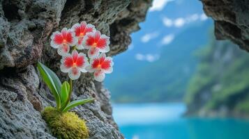 Orchids bloom beautifully amidst rugged rocks, creating a stunning contrast against tranquil waters photo
