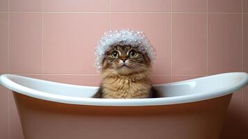 A fluffy cat sits in a bathtub, surrounded by bubbles, looking adorably curious and relaxed photo