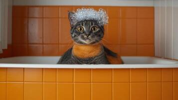 A cat enjoys its time in a bathtub, playfully adorned with bubble wrap on its head photo
